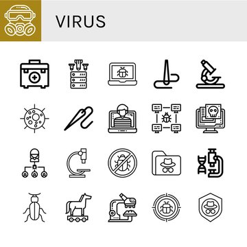 Set of virus icons such as Gas mask, First aid kit, Ddos, Bug, Needle, Microscope, Virus, Hacker, Antivirus, Laboratory, Beetle, Trojan horse, Research, Malware, Shield , virus