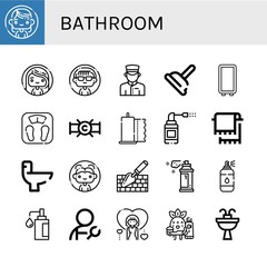 Set of bathroom icons such as Woman, Doorman, Plunger, Mirror, Bathroom scale, Pipe, Paper towel, Sprays, Towel, Wc, Trowel, Spray, Soap, Plumber, Toothbrushing, Sink , bathroom