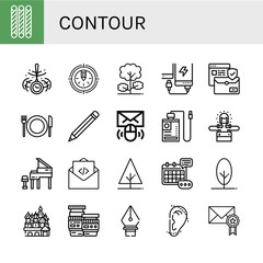 Set of contour icons such as Grissini, Hypnosis, Pencil, Tree, Power bank, Email, Restaurant, Led lighting, Grand piano, Mail, Event, Cathedral of saint basil, Lens , contour