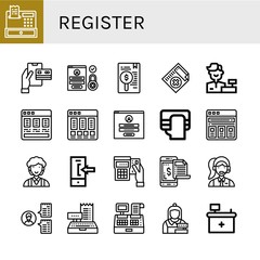 Set of register icons such as Register, Payment, Login, Medical certificate, Cashier, Price list, Clerk, Front desk , register