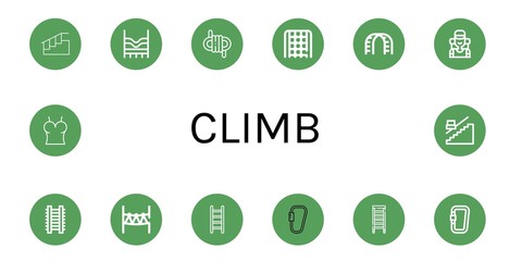 Set of climb icons such as Stairs, Top, Rope, Rope ladder, Climber, Ladder, Rope park, Carabiner, Stair , climb