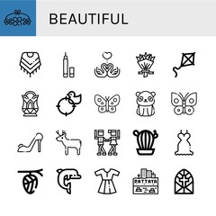 Set of beautiful icons such as Flower crown, Shawl, Eyeliner, Swans, Flower bouquet, Kite, Crystal, Duck, Butterfly, Panda bear, High heels, Deer, Waltz, Cactus, Dress , beautiful