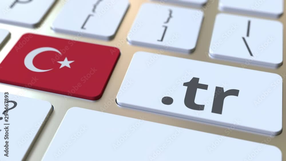 Poster turkish domain .tr and flag of turkey on the buttons on the computer keyboard. national internet rel