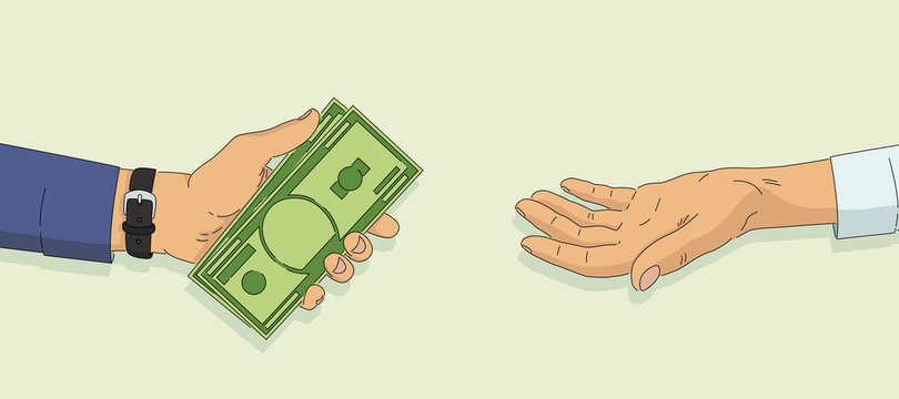 Hands holding money bills. One hand giving dollarf for to other hand. Hand drawn vector illustartion in pop art style.