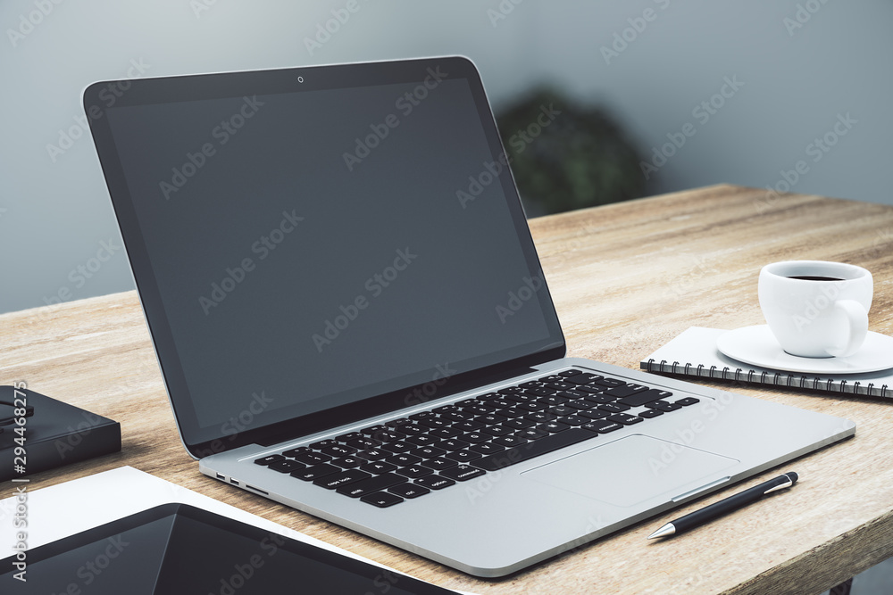 Poster modern workspace with empty laptop