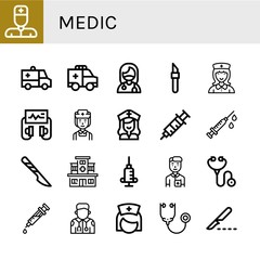 Set of medic icons such as Nurse, Ambulance, Surgeon, Scalpel, Defibrillator, Syringe, Hospital, Stethoscope, Paramedic , medic