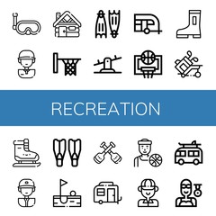 Set of recreation icons such as Snorkel, Golf player, Cabin, Hoop, Flippers, Seesaw, Caravan, Basketball, Boots, Golf, Ice skating, Baseball player, Paddles, Basketball player , recreation