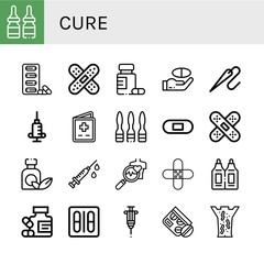 Set of cure icons such as Medicine, Pills, Band aid, Needle, Syringe, Vaccination, Plaster, Health check, Suppositories, Blister pack, Vaccine, Leech therapy , cure