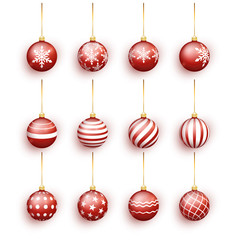 Red christmas balls set isolated on white. Stocking Christmas decorations. Red Christmas ball with snow effect set. Vector illustration