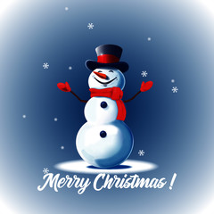 Fototapeta na wymiar Christmas card with snowman. Snowman on a blue background. Christmas picture. Vector snowman with the words Merry Christmas.