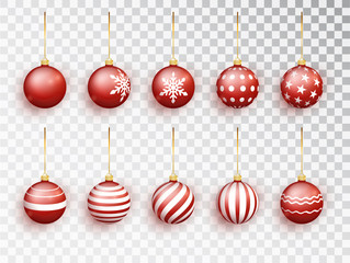 Red christmas balls on white isolated. Set of isolated realistic decorations. Christmas tree toy. Vector object for christmas design, mockup. Stocking Christmas decorations.