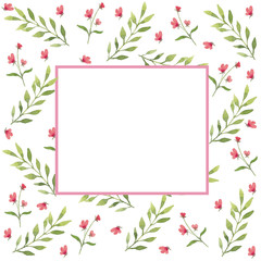 Square frame on a white background with pink flowers and green leaves. Use for invitations, greetings, birthdays and weddings.