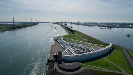 Aerial picture of Maeslantkering storm surge barrier on the Nieuwe Waterweg Netherlands it closes...