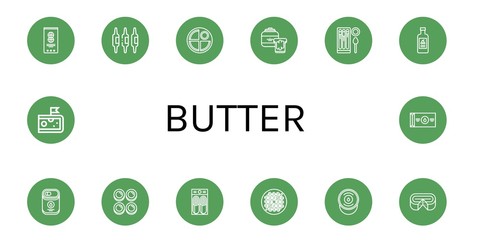 Set of butter icons such as Peanut, Calcium, Pancake, Peanut butter, Churros, Yogurt, Condensed milk, Curd, Bean toasting, Sour cream, Cheese, Butter ,
