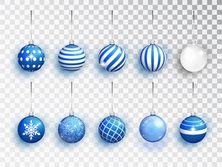 Blue Christmas balls set of with different patterns isolated. Holiday decoration template. Vector illustration