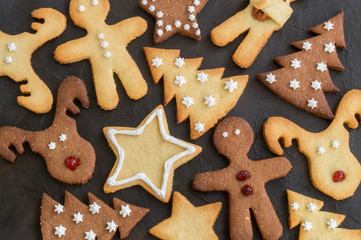 Homemade children's Christmas cookies of various shapes