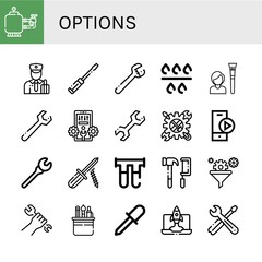 Set of options icons such as Filter, Customs, Screwdriver, Wrench, Tool, Configuration, Play button, Tools , options
