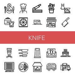 Set of knife icons such as Restaurant, Peanut butter, Cook, Pizza, Paper cutter, Camping, Stationery, Cafe, Knife, Cleaver, Chef, Cutting mat, Steak, Grater, Camper, Food truck , knife