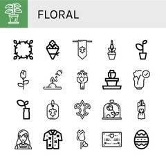 Set of floral icons such as Plant, Floral design, Flower bouquet, Fleur de lis, Rose, Roses, Flower pot, Natural, Bouquet, Florist, Hawaiian, Wedding certificate, Easter egg , floral