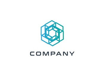 Abstract geometric hexagon technology logo design vector template with network connection line