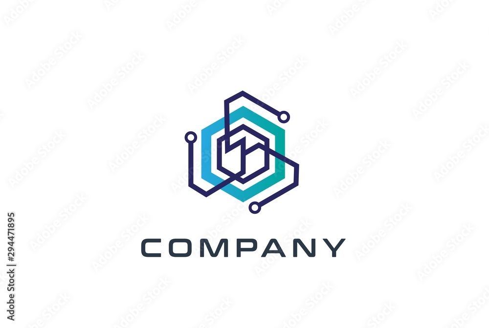 Aufkleber abstract geometric hexagon technology logo design vector template with network connection line