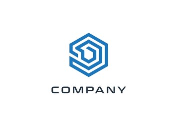 Abstract geometric hexagon technology logo design vector template with network connection line