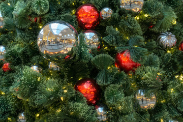Close-up of Christmas tree with Christmas decoration shiny balls