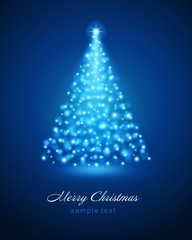 Christmas tree from blue glitter lights of bright glow magic bokeh background and place for text vector illustration