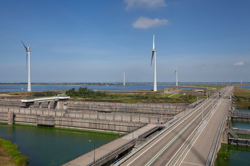 Volkeraksluizen lake krammer. Drone photograpy from the delta works in noord brabant in the...