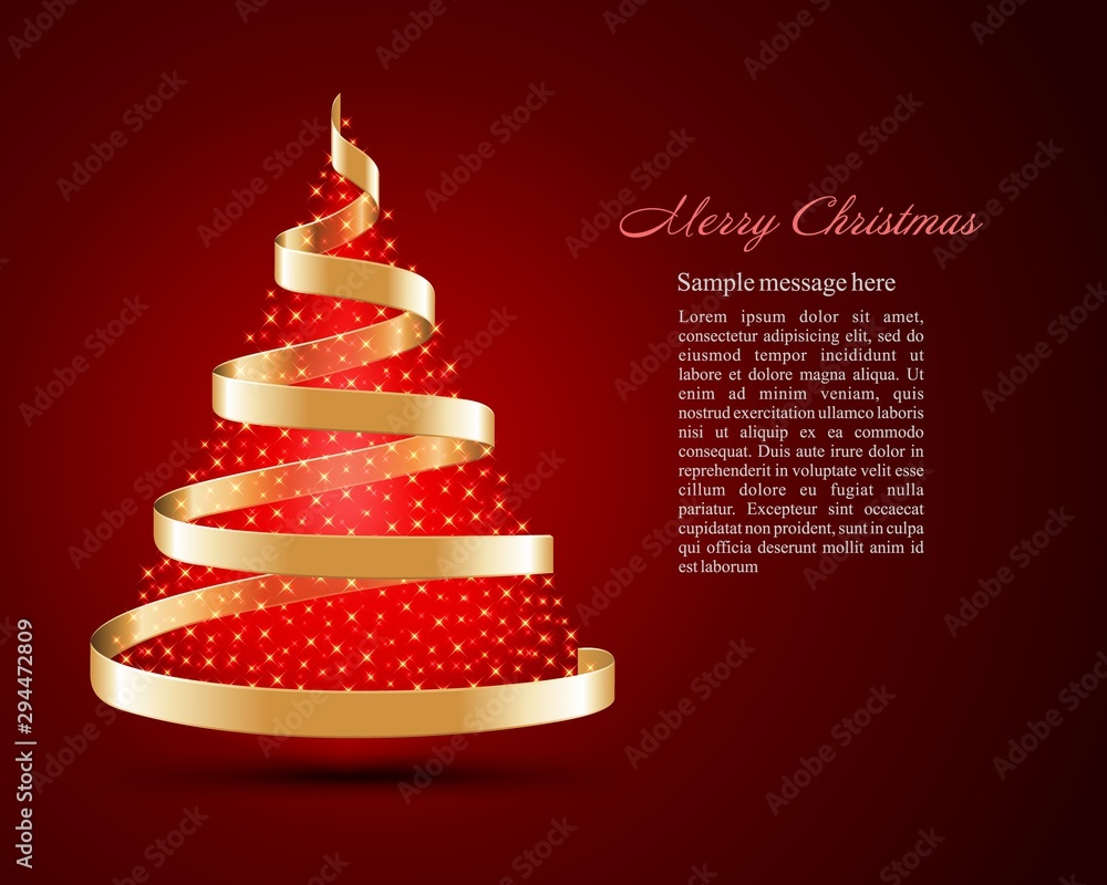 Wall mural Christmas tree from golden ribbon with bright glow magic lights background and place for text vector illustration.