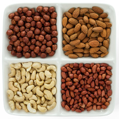 Four kinds of nuts in four compartments of combination plate: cashews, peanuts, hazelnuts, and almonds.