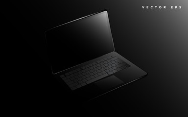 Realistic vector black laptop computer mockup template with blank screen on dark black background.