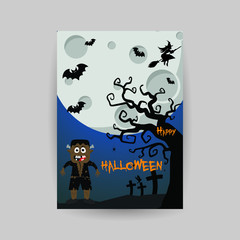 Happy Halloween Night greeting card for holiday party templates. Funny cartoon characters, moon, bats, vector illustration for poster, invitation, t-shirt prints, banners