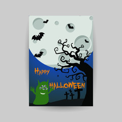 Happy Halloween Night greeting card for holiday party templates. Funny cartoon characters, moon, bats, vector illustration for poster, invitation, t-shirt prints, banners