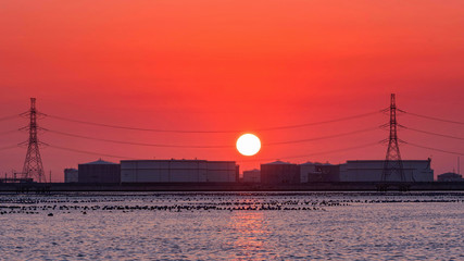 Oil storage tank at oil terminal is industrial facility is located by the sea at sunset on big sun with orange sky background.