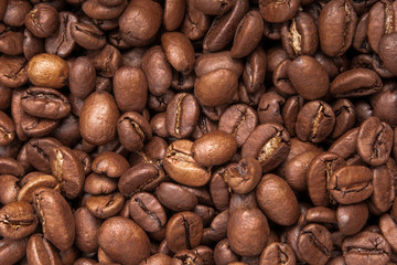 Roasted coffee beans, can be used as a background. Top view