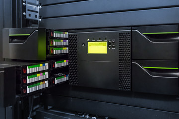 streamer, tape library for data backup in the server rack in the datacenter