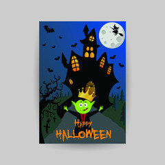 Dracula Happy Halloween Night greeting card for holiday party templates. Funny cartoon characters, moon, bats, vector illustration for poster, invitation, t-shirt prints, banners