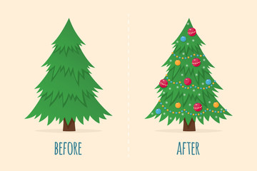 Christmas tree before and after. Happy holiday celebration. Happy new year symbol. Vector illustration in flat and cartoon style