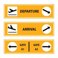 Airport departure and arrival terminals gate Icon or sign pointers for navigation in airport, professional graphic vector illustration optimized for large anв small size. isolated on white background.