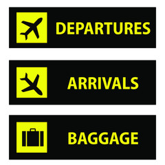 Departure and arrival, baggage and luggage  Icon or sign pointers for navigation in airport, professional graphic vector illustration optimized for large anв small size. isolated on white background.