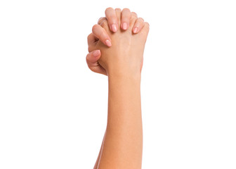 Obraz premium Female hand with fingers folded into fists, isolated on white background. Beautiful hand of woman with copy space, winning gesture.