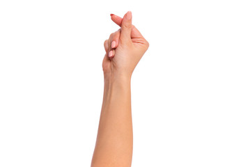 Female hand showing sign symbol of money by fingers, isolated on white background. Beautiful hand...