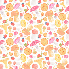 Lovely autumn childish seamless pattern with mushrooms, woods, beetles and snail. Can be used on packaging paper, fabric, background and etc.