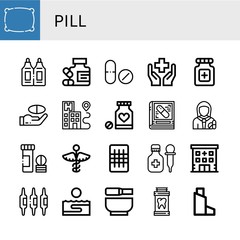 Set of pill icons such as Pillow, Suppositories, Medicine, Drug, Health, Pills, Hospital, Pharmacy, Pharmacist, Vitamin, Gauze, Calcium, Thalassotherapy, Mortar, Inhaler , pill