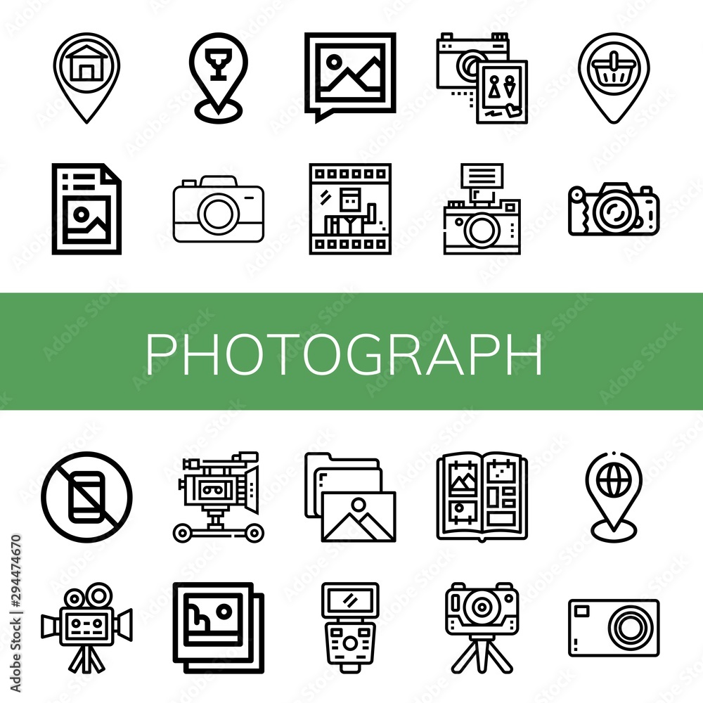 Wall mural Set of photograph icons such as Placeholder, Picture, Camera, Photo, Wedding photo, No pictures, Cinema camera, Film camera, Pictures, Gallery, Flash, Photo album , photograph