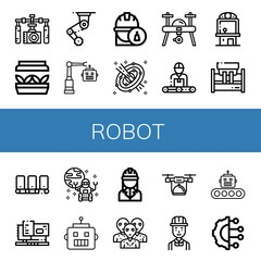 Set of robot icons such as Gimbal, Artificial light, Machinery, Robot, Engineer, Space, Drone, Claw machine, Conveyor, Rover, Alien, Production, Artificial intelligence , robot