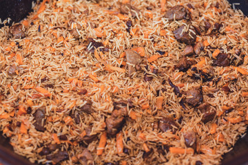 Assorted Uzbek food set, pilaf, samsa, lagman, manta, shurpa Uzbek restaurant concept, Uzbek