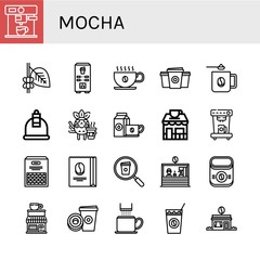 Set of mocha icons such as Coffee maker, Coffee, Coffee machine, cup, Paper cup, mug, Cupping, shop, Beans, beans, Instant Cold , mocha