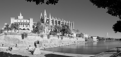 PALMA DE MALLORCA, SPAIN - JANUARY 26, 2019:  The cathedral La Seu and Almudaina palace.